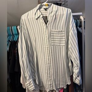 Express Light Green and White Striped Button-Down Shirt